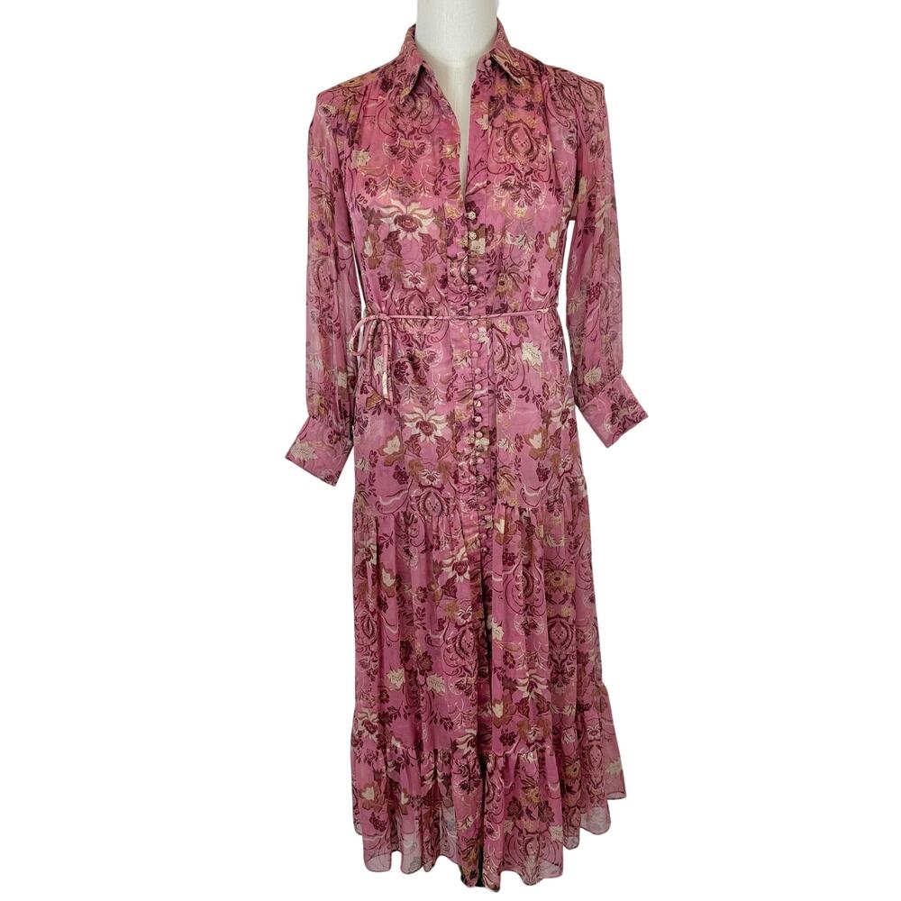 MISA Los Angeles Sheer Chiffon Maxi Dress Button-Down XS Pink/Brown - Picture 1 of 10